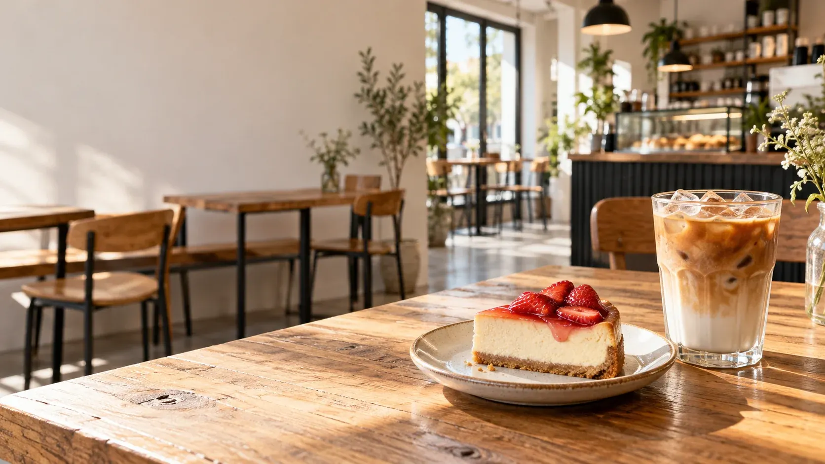 木のぬくもりと自然光に包まれたカフェの店内